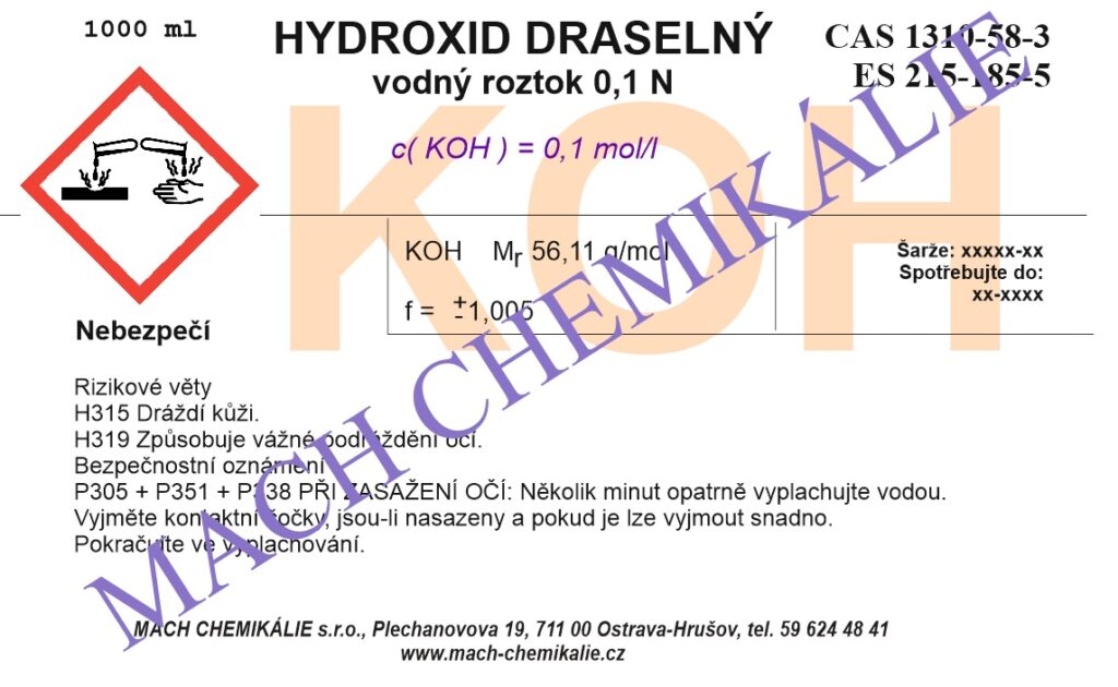 Hydroxid draselný 0,1 mol/l p.a. * 1000 ml - Mach Chemikálie