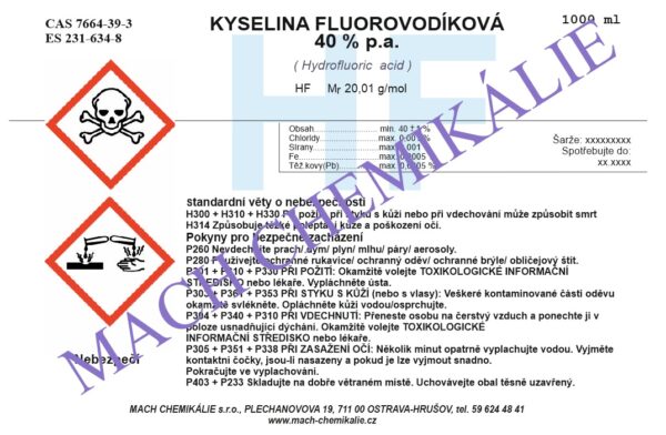 Kyselina fluorovodíková 40pct 1000 Kyselina fluorovodikova 40pct 1000